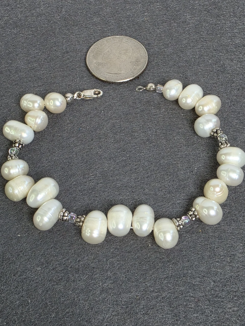 Sterling Silver Bead Pearl Bracelet with Freshwater White Potato Pearls - Picture 3 of 3